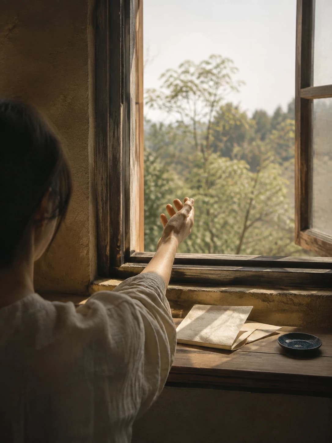 보내지 않은 편지를 창가에 두고 열린 창의 빛을 향해 조심스럽게 손을 내미는 사람