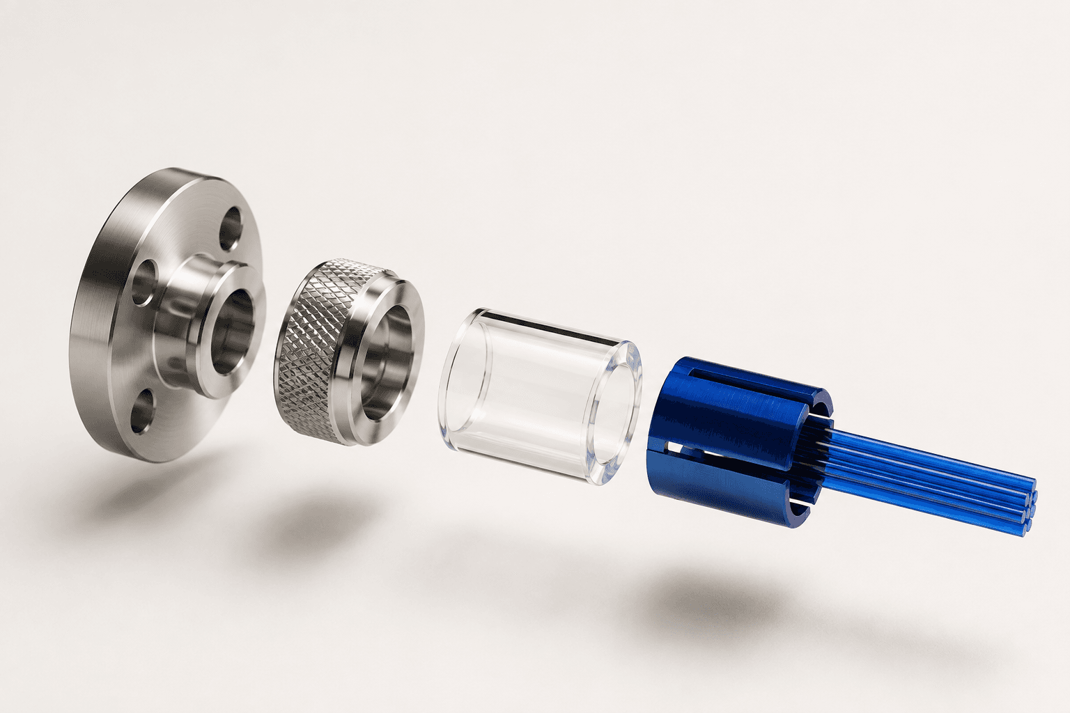 DMS brand concept: an exploded assembly of a metal flange, optical glass and cobalt collet