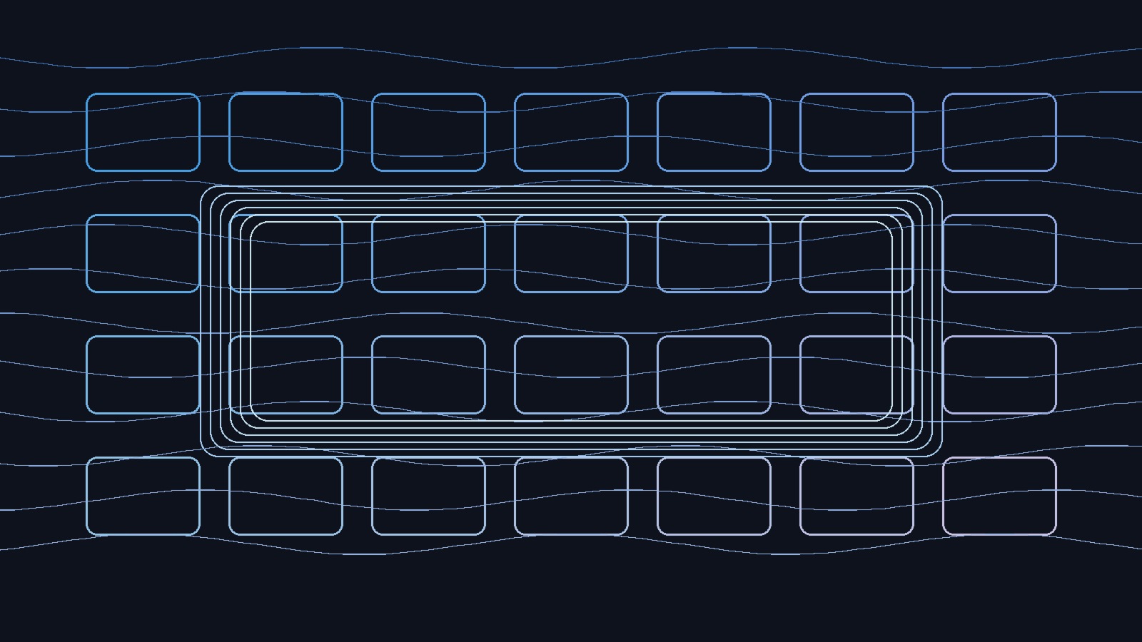 Modular digital tiles and flowing data lanes in cool tones, no humans, no silhouettes, clean composition, cinematic soft glow
