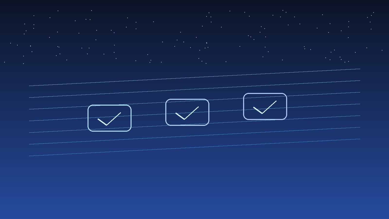 정리된 작업 테이블 위에 세 개의 빛나는 체크포인트가 남아 있는 미래형 추상 그래픽, 인물 없음