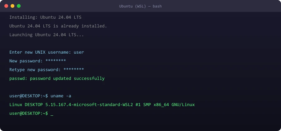WSL Ubuntu 설치 완료 터미널 화면