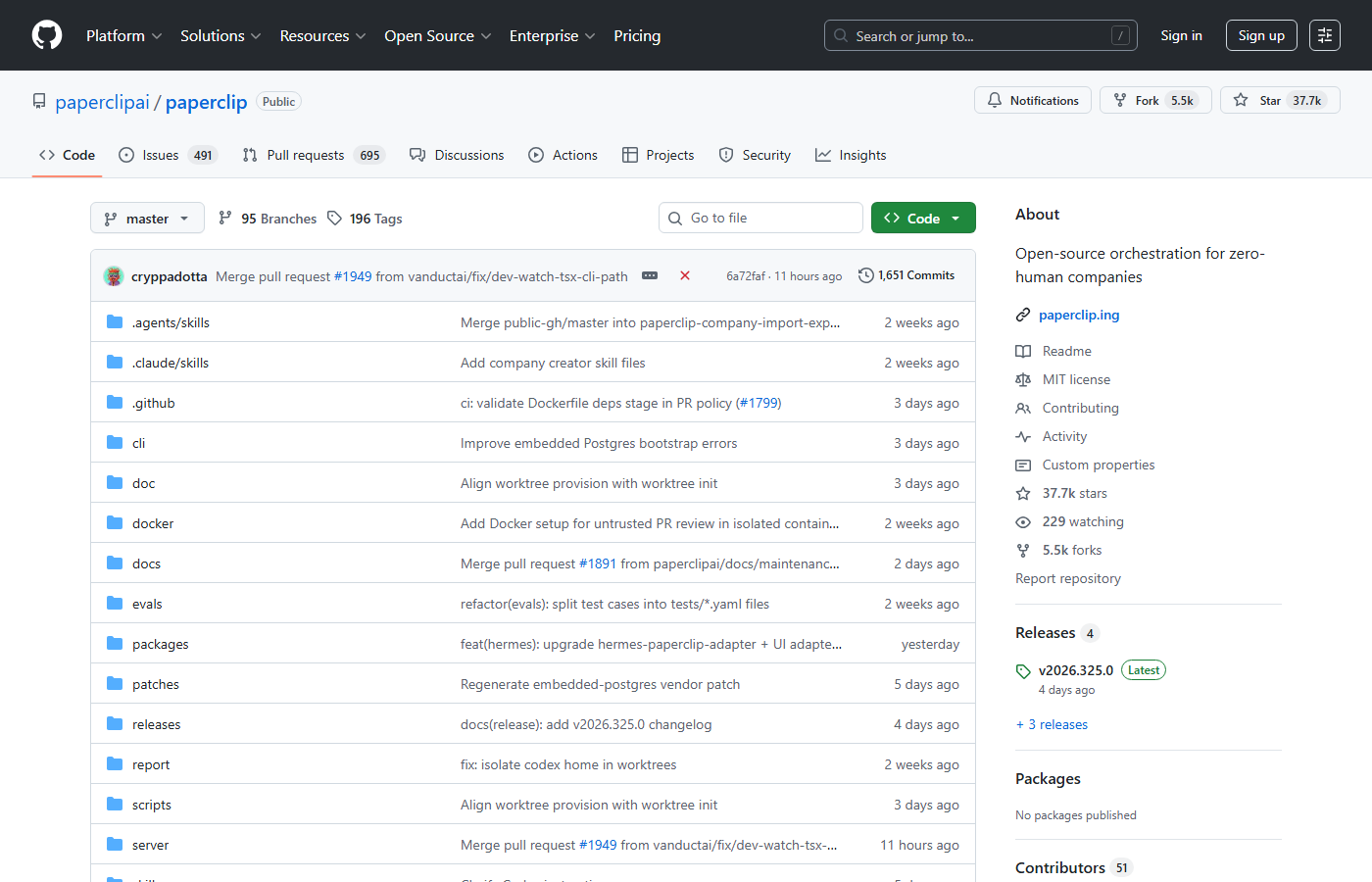 Paperclip 공식 GitHub 저장소 — 37,000+ 스타