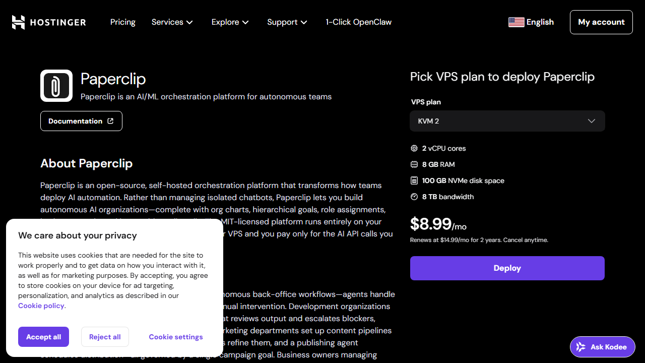 Hostinger VPS Paperclip 원클릭 Docker 설치 페이지