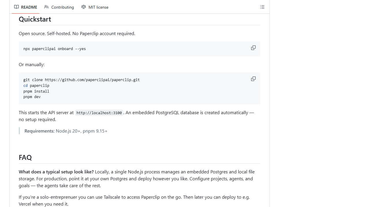 Paperclip GitHub 공식 빠른 시작 가이드 화면
